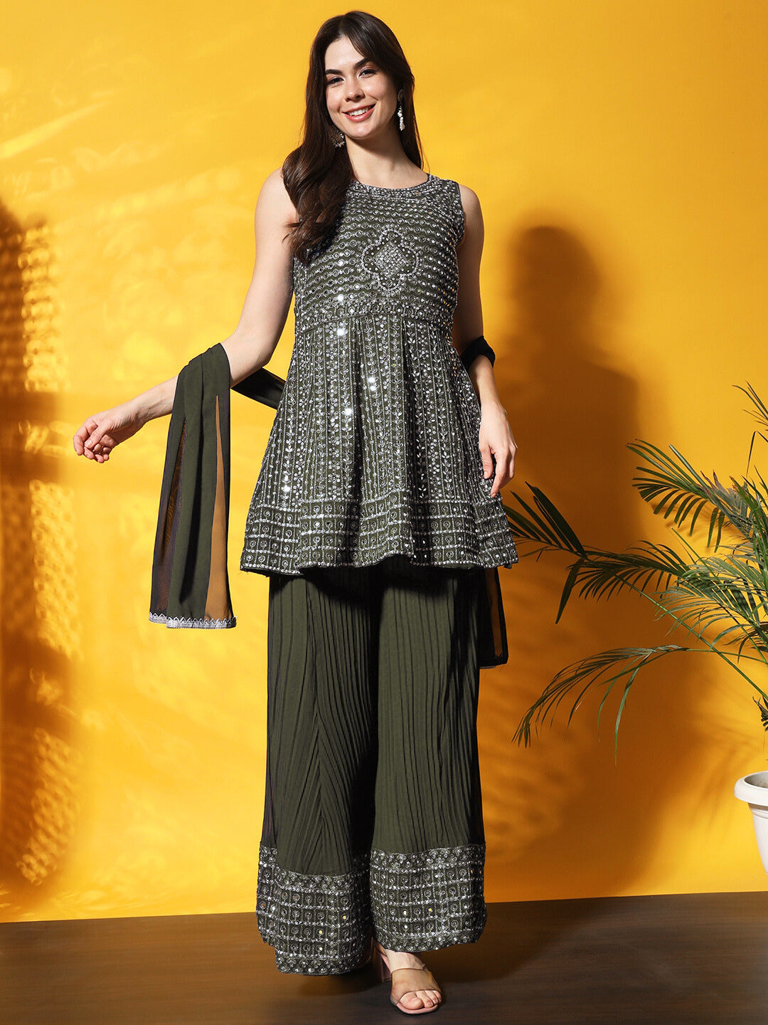 Mirror Embellished Kalidar Kurta Set with Resham Embroidery and Pleated Palazzo