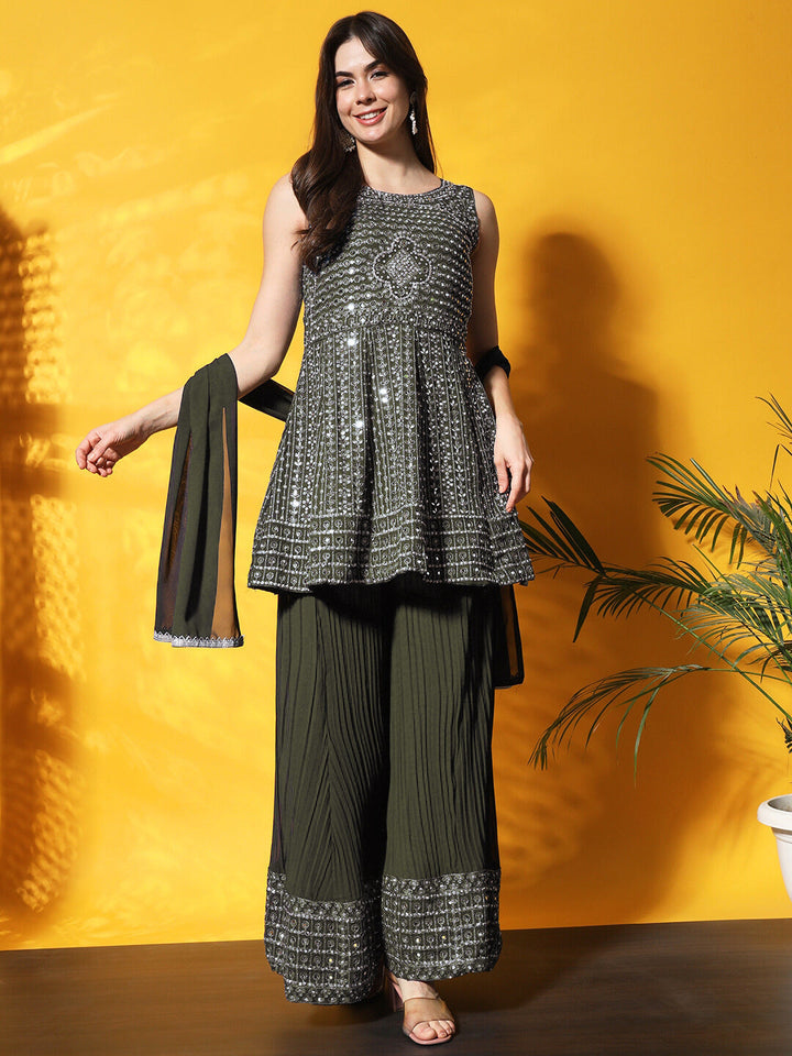 Mirror Embellished Kalidar Kurta Set with Resham Embroidery and Pleated Palazzo