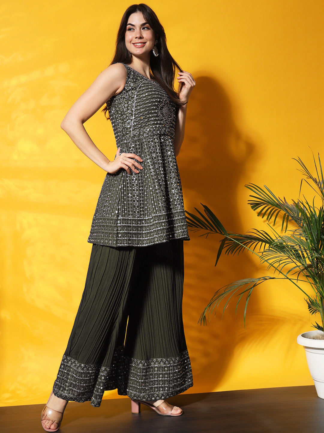 Mirror Embellished Kalidar Kurta Set with Resham Embroidery and Pleated Palazzo