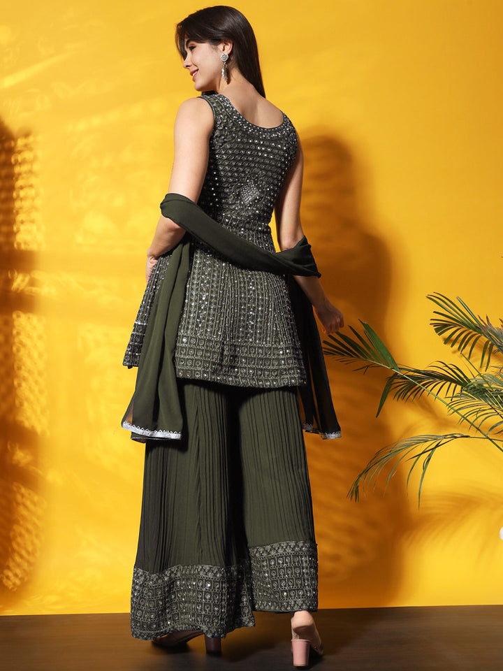 Mirror Embellished Kalidar Kurta Set with Resham Embroidery and Pleated Palazzo