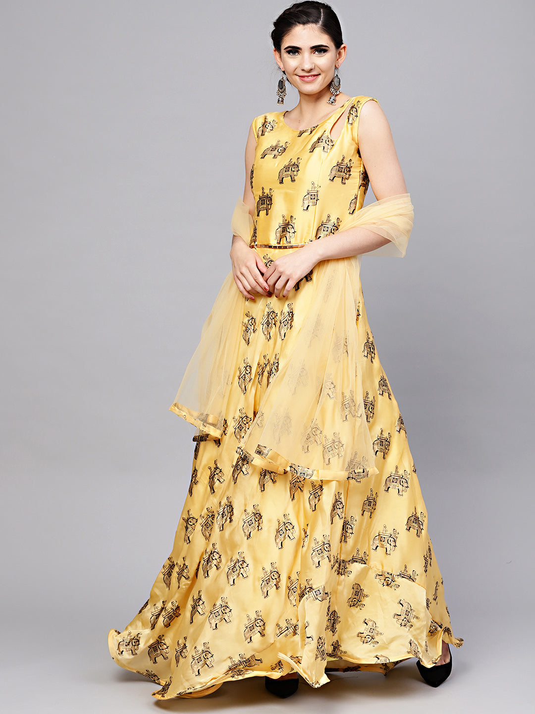 Animal Print Dress with Belt, Dupatta and Cut-out keyhole pattern