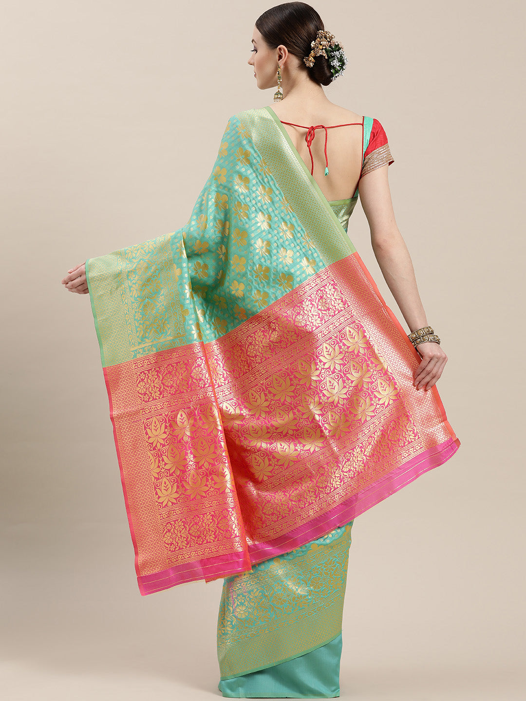 Teal Pink Kanjiwaram Silk Saree
