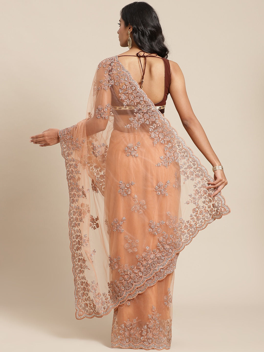 Resham Embroidered Net Saree with Zari and Crystal Embellishments