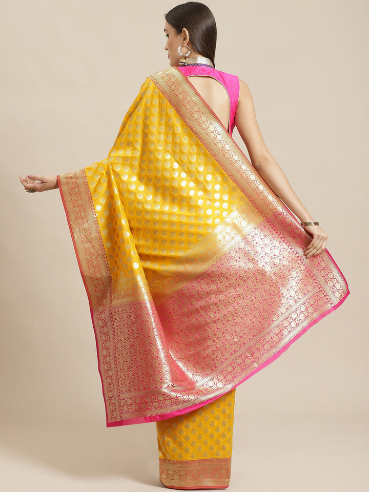 Banarasi Silk Blend Embossed Handloom Saree with Paisley Weaving & Contrast Border,Pallu
