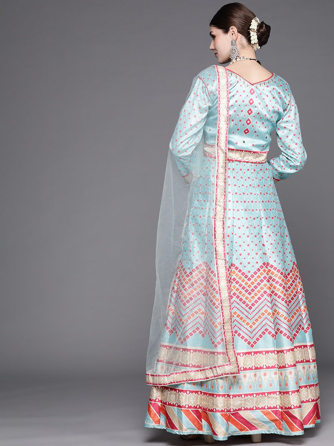 Iceblue Geometric Print Silk Crop Top Skirt Dupatta Set