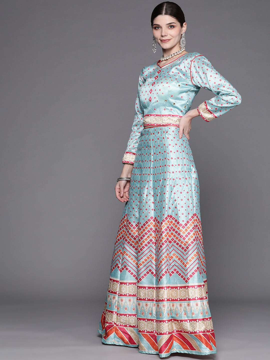 Iceblue Geometric Print Silk Crop Top Skirt Dupatta Set