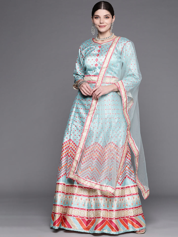 Iceblue Geometric Print Silk Crop Top Skirt Dupatta Set