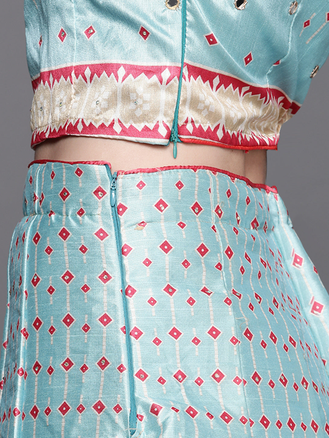 Iceblue Geometric Print Silk Crop Top Skirt Dupatta Set