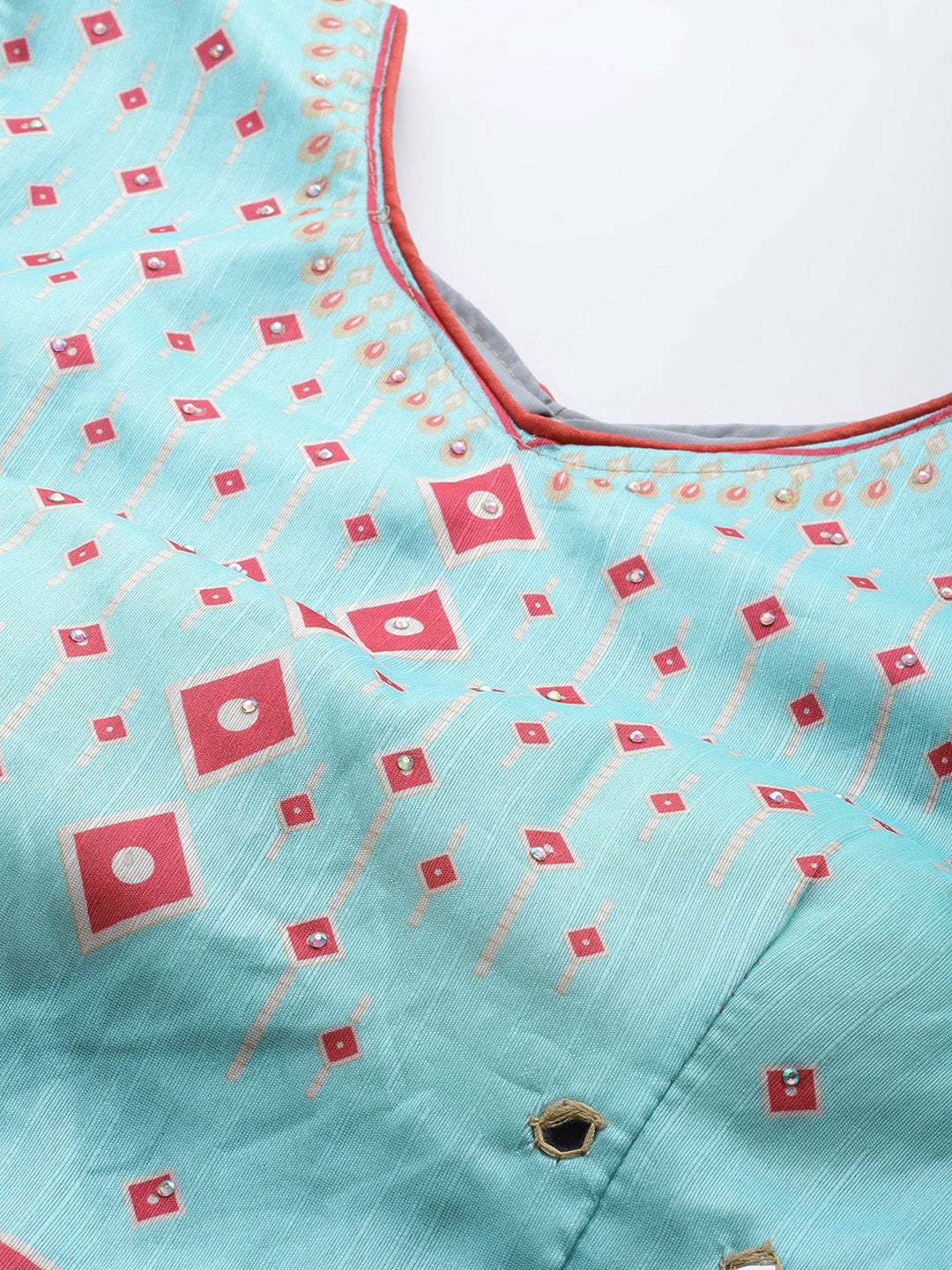 Iceblue Geometric Print Silk Crop Top Skirt Dupatta Set