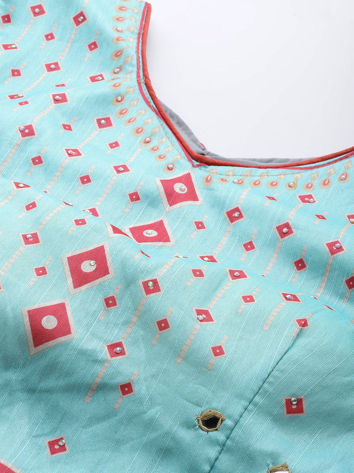 Iceblue Geometric Print Silk Crop Top Skirt Dupatta Set