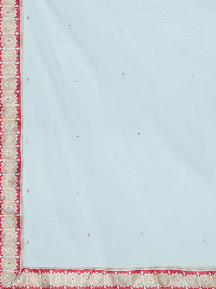 Iceblue Geometric Print Silk Crop Top Skirt Dupatta Set