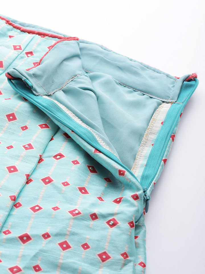 Iceblue Geometric Print Silk Crop Top Skirt Dupatta Set
