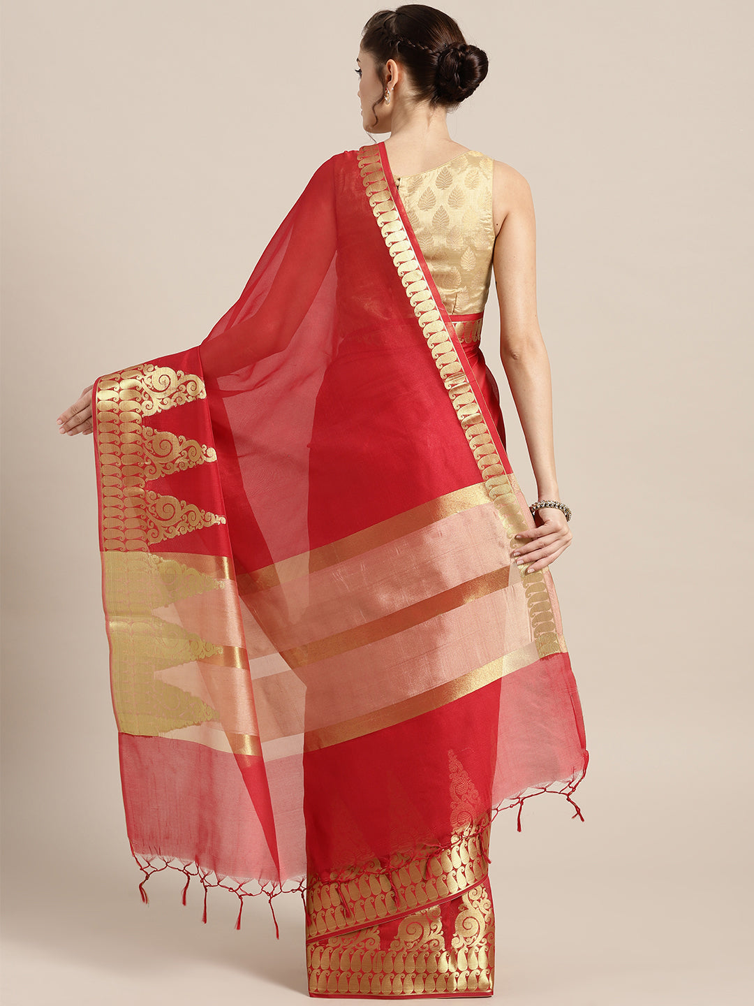 Banarasi Chanderi Silk Saree with Zari Temple Paisley Pattern