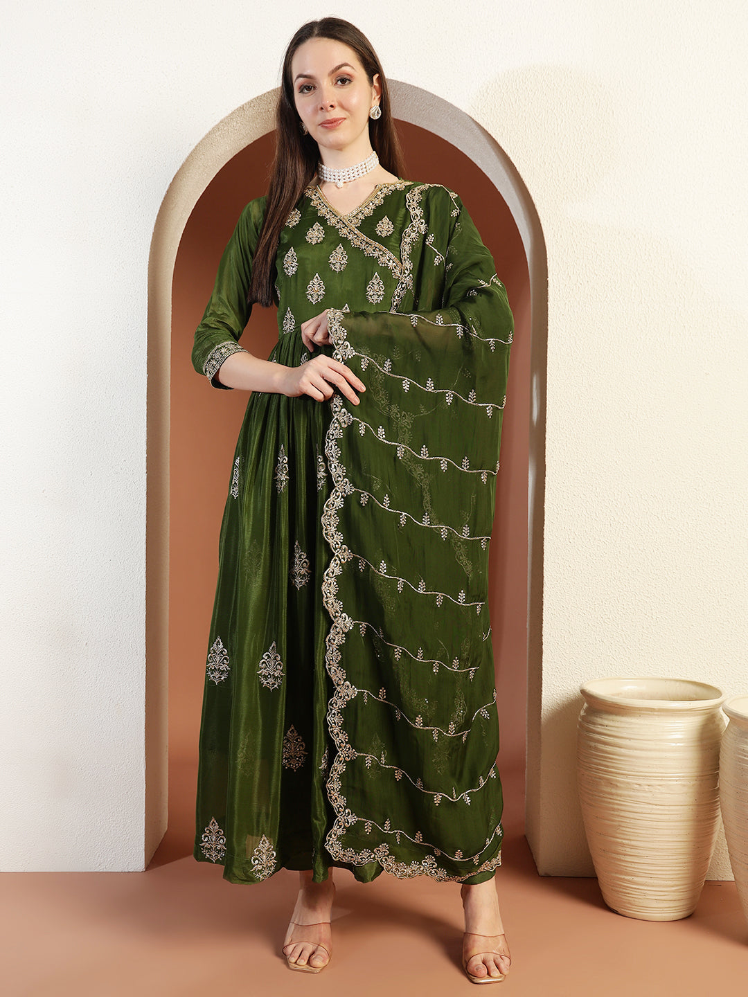 Zardozi Embroidery Angrakha Suit with Floral Mughal Motifs & Scalloped Leheriya Dupatta