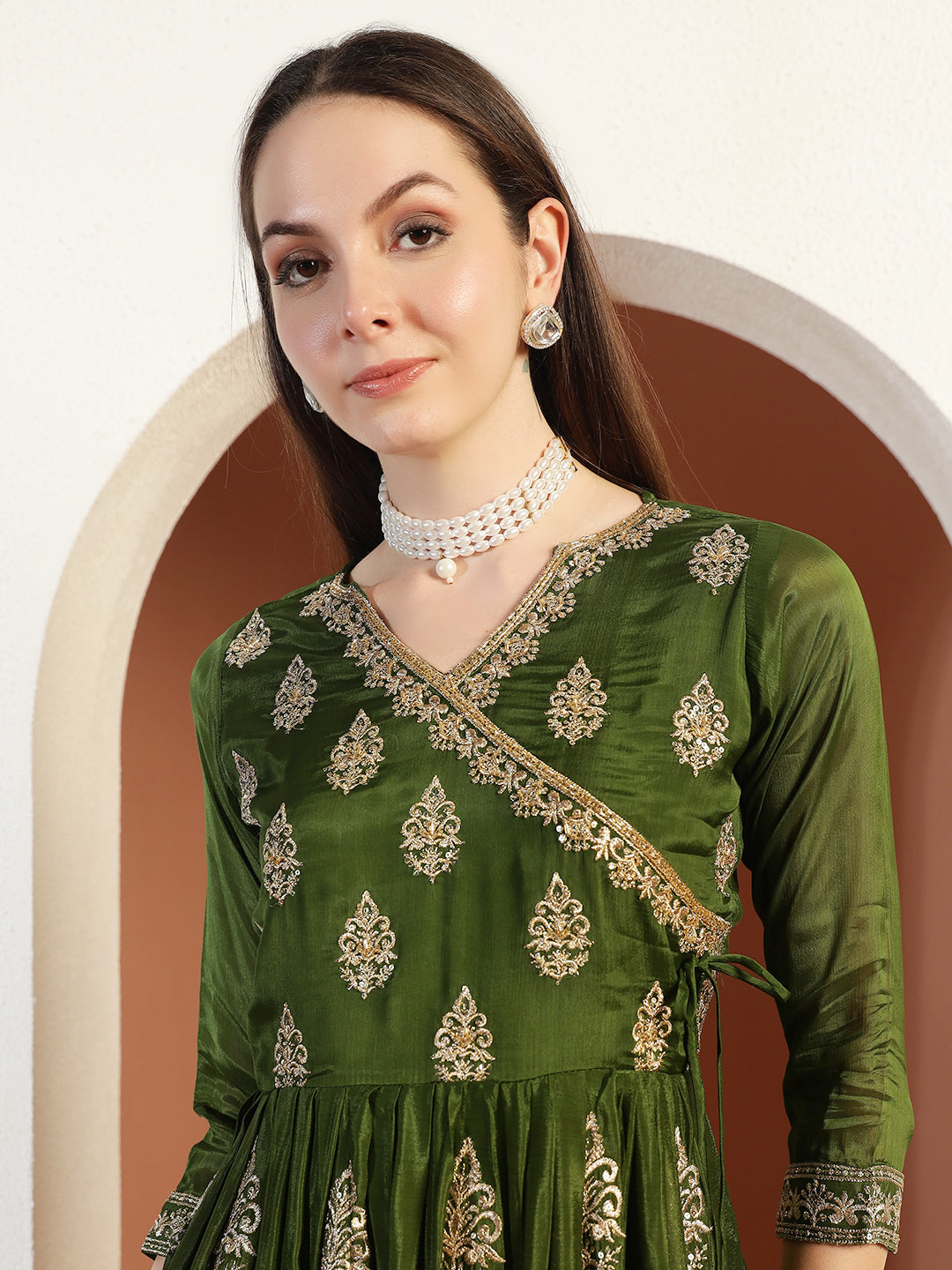 Zardozi Embroidery Angrakha Suit with Floral Mughal Motifs & Scalloped Leheriya Dupatta