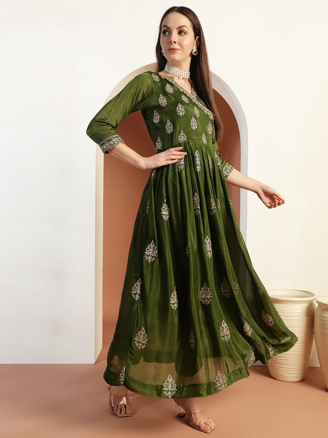 Zardozi Embroidery Angrakha Suit with Floral Mughal Motifs & Scalloped Leheriya Dupatta