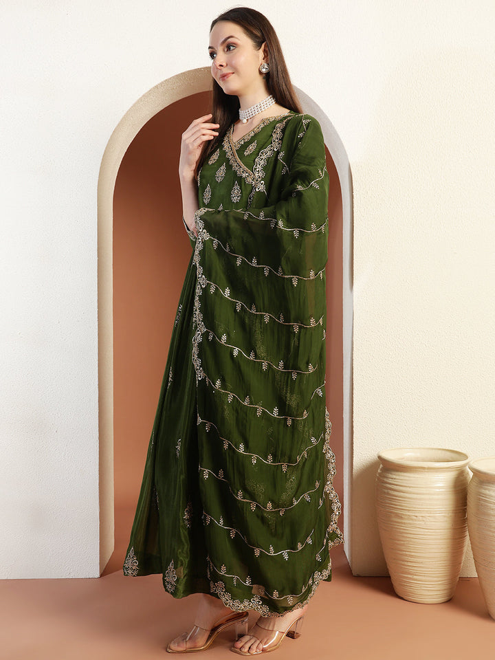 Zardozi Embroidery Angrakha Suit with Floral Mughal Motifs & Scalloped Leheriya Dupatta