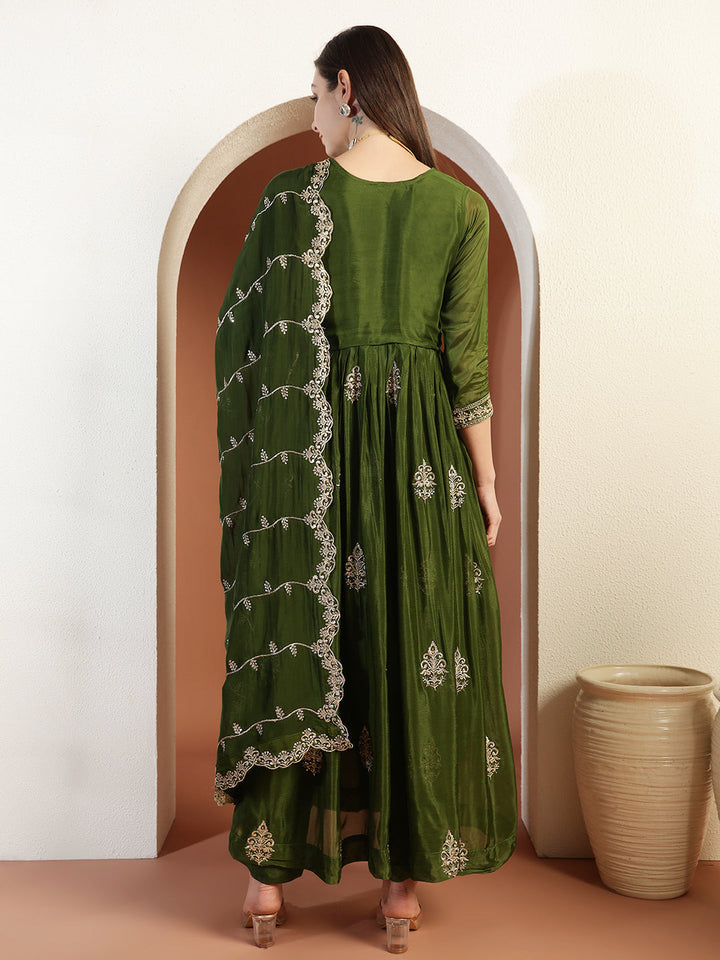 Zardozi Embroidery Angrakha Suit with Floral Mughal Motifs & Scalloped Leheriya Dupatta