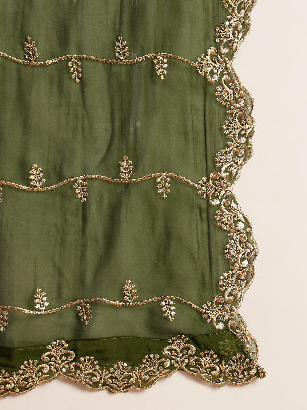 Zardozi Embroidery Angrakha Suit with Floral Mughal Motifs & Scalloped Leheriya Dupatta