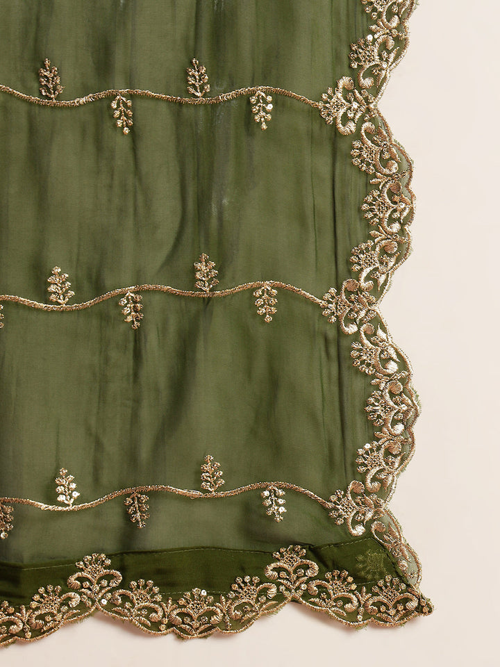 Zardozi Embroidery Angrakha Suit with Floral Mughal Motifs & Scalloped Leheriya Dupatta