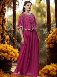 Rani Pink Indo-western Lehenga with Cutdana Embroidery Scalloped Cape & Pleated Skirt