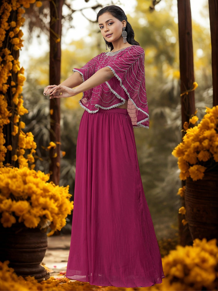 Rani Pink Indo-western Lehenga with Cutdana Embroidery Scalloped Cape & Pleated Skirt