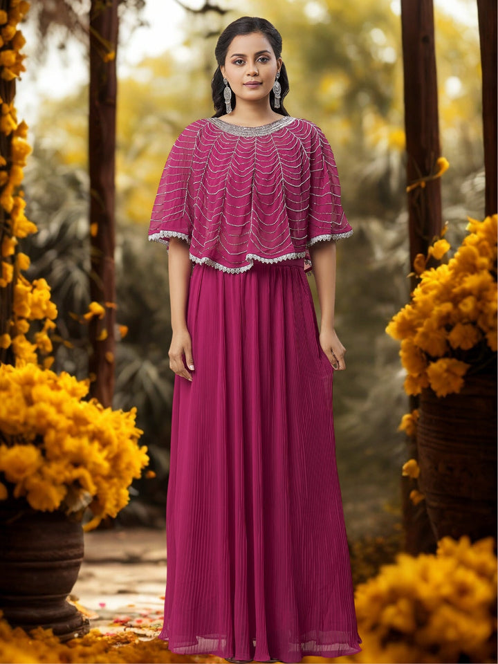 Rani Pink Indo-western Lehenga with Cutdana Embroidery Scalloped Cape & Pleated Skirt