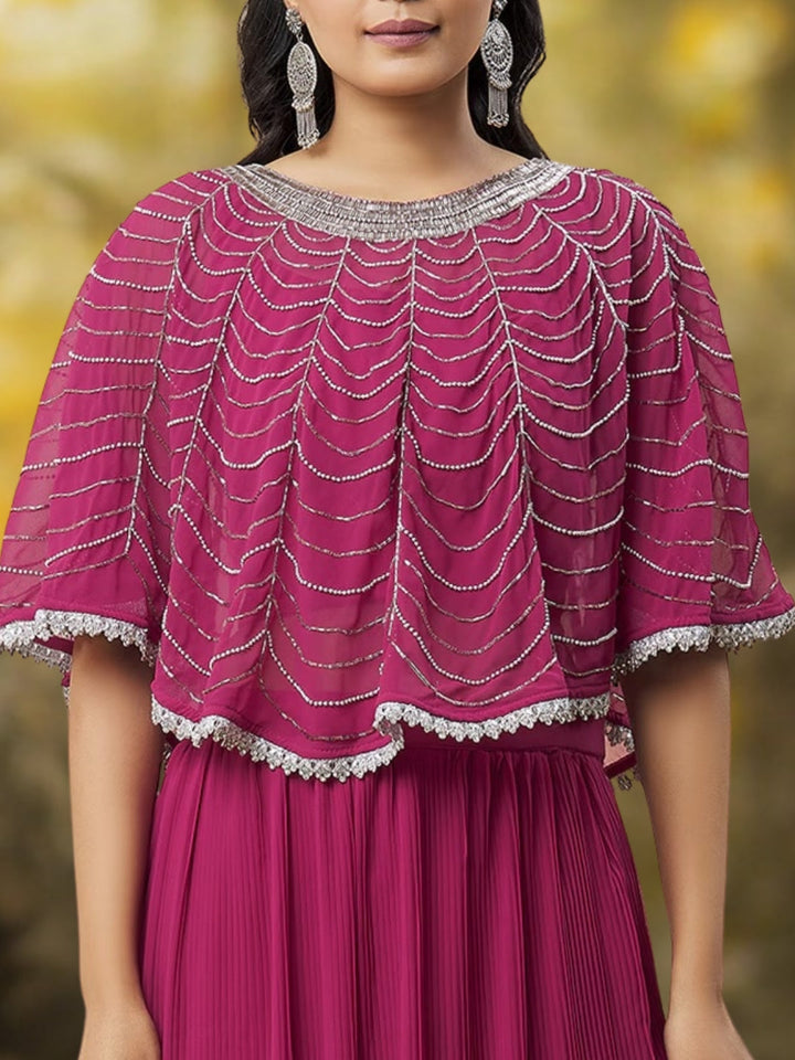 Rani Pink Indo-western Lehenga with Cutdana Embroidery Scalloped Cape & Pleated Skirt