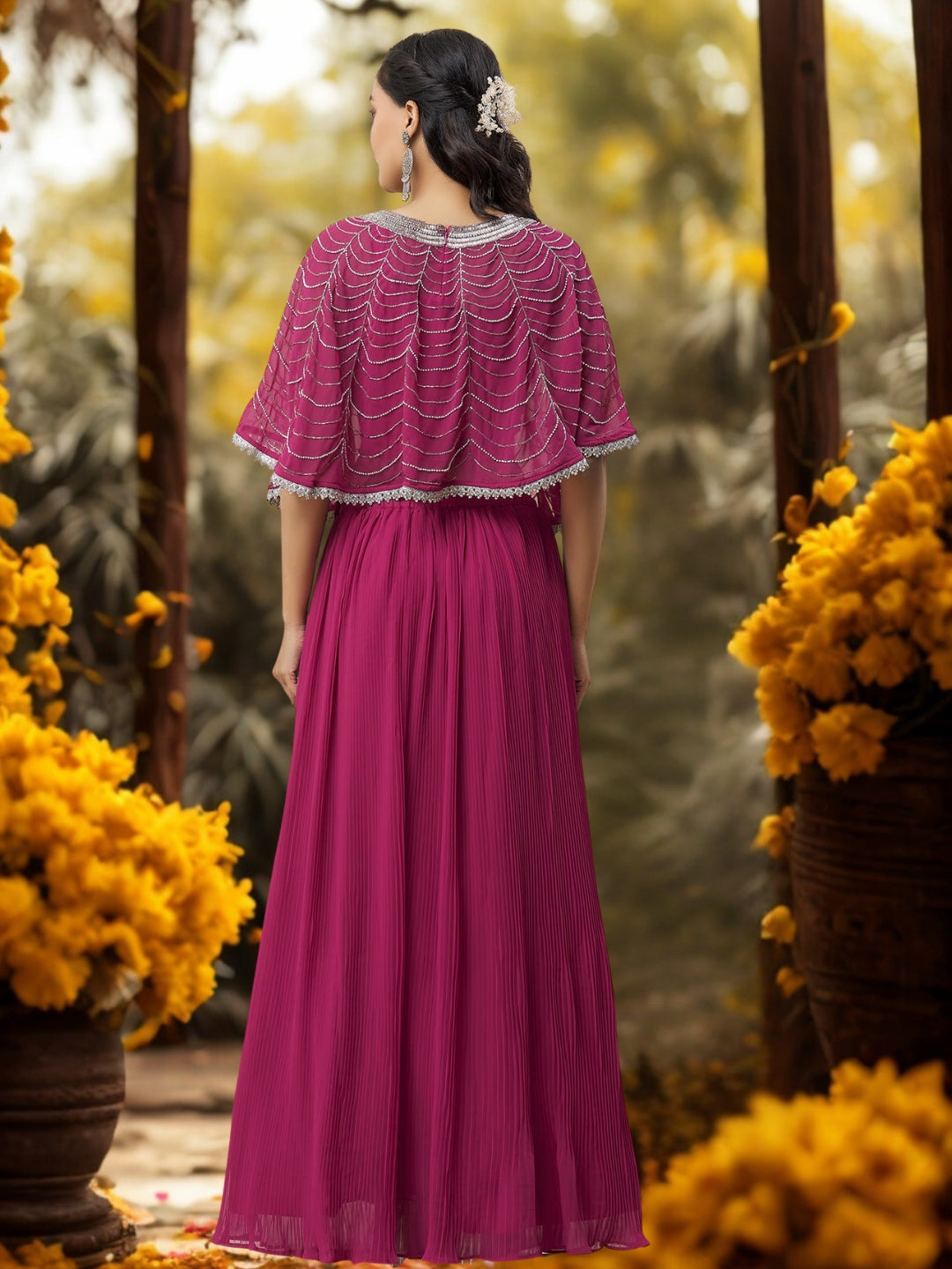 Rani Pink Indo-western Lehenga with Cutdana Embroidery Scalloped Cape & Pleated Skirt