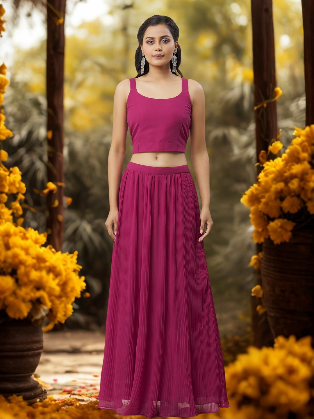 Rani Pink Indo-western Lehenga with Cutdana Embroidery Scalloped Cape & Pleated Skirt