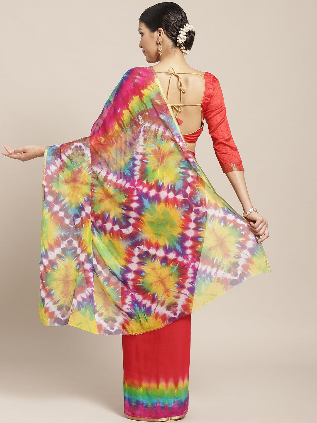 Chiffon Bandhani Saree with Jaipur Leheriya Multicolor Print and Zari Gold Border