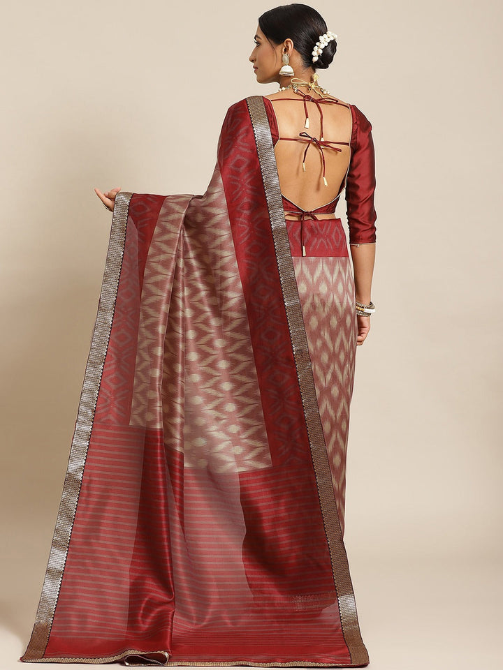 Maroon Ikat Printed Bhagalpuri Silk Blend Saree & Oxidised Zari Border