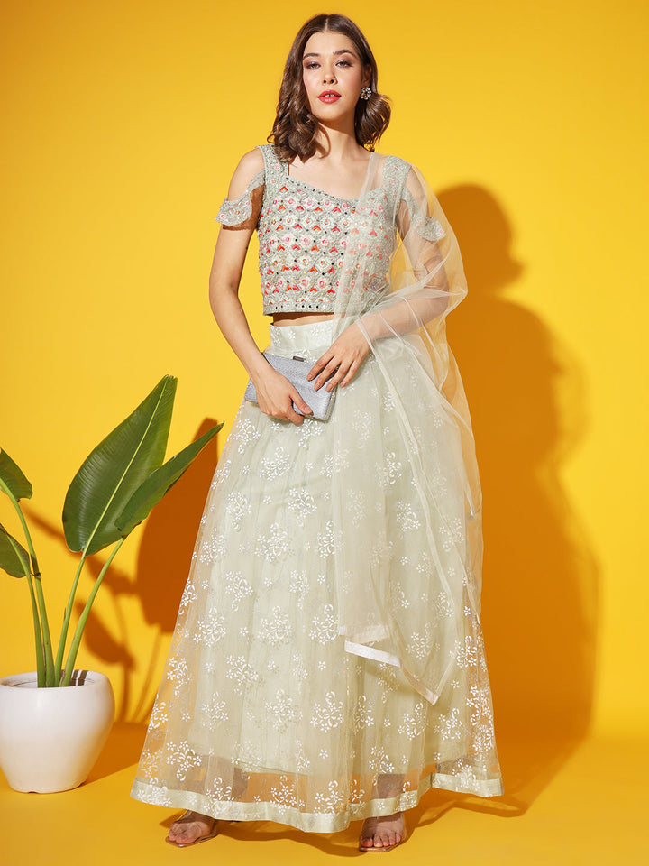 Resham Mirror Embroidered Cold-shoulder blouse with Net Dupatta