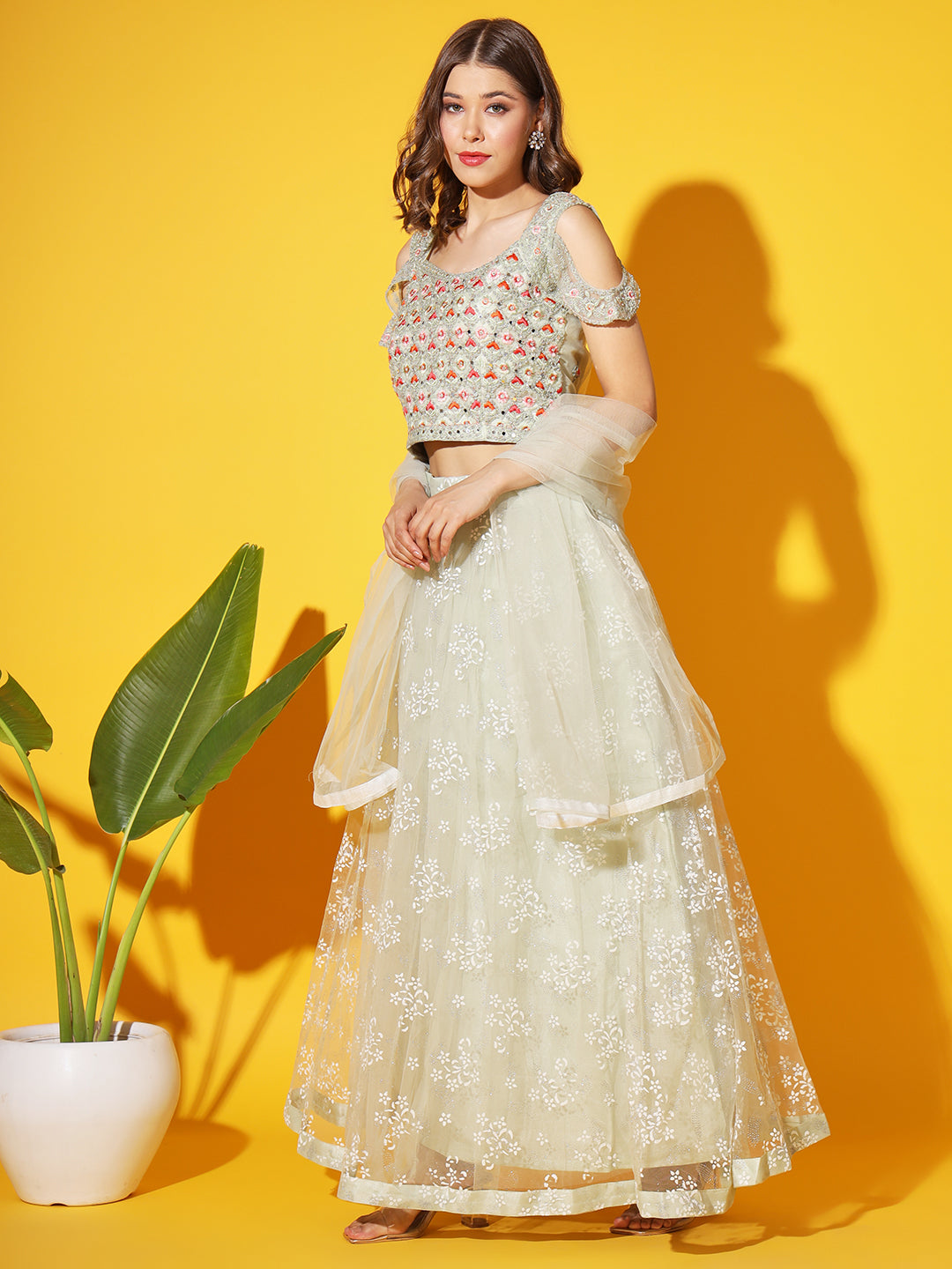 Resham Mirror Embroidered Cold-shoulder blouse with Net Dupatta