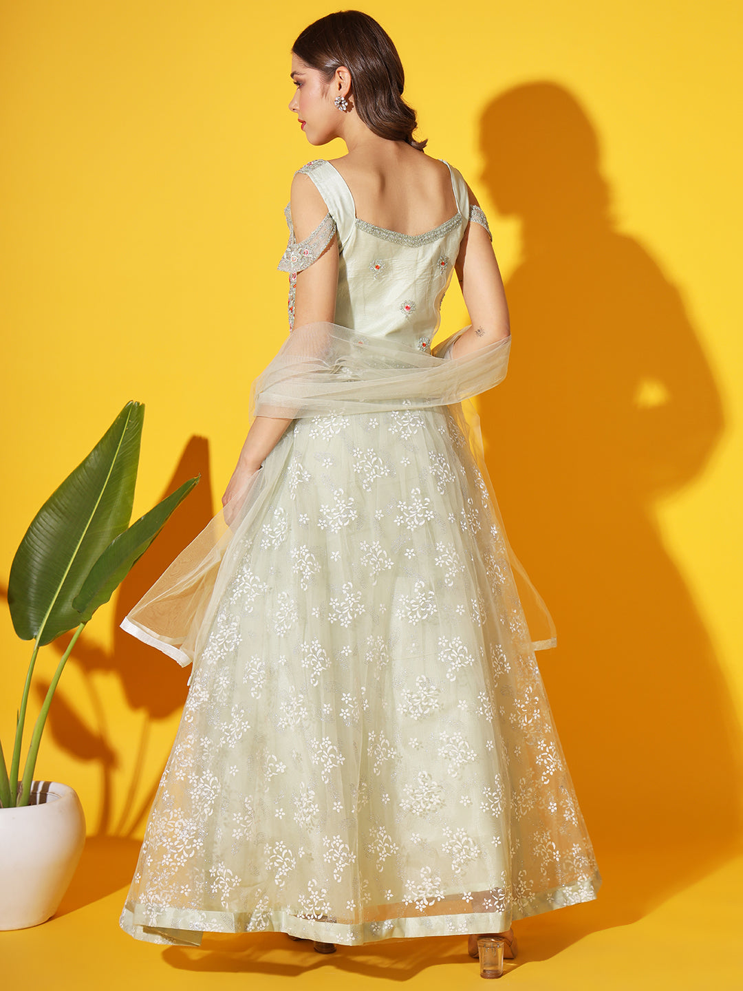 Resham Mirror Embroidered Cold-shoulder blouse with Net Dupatta