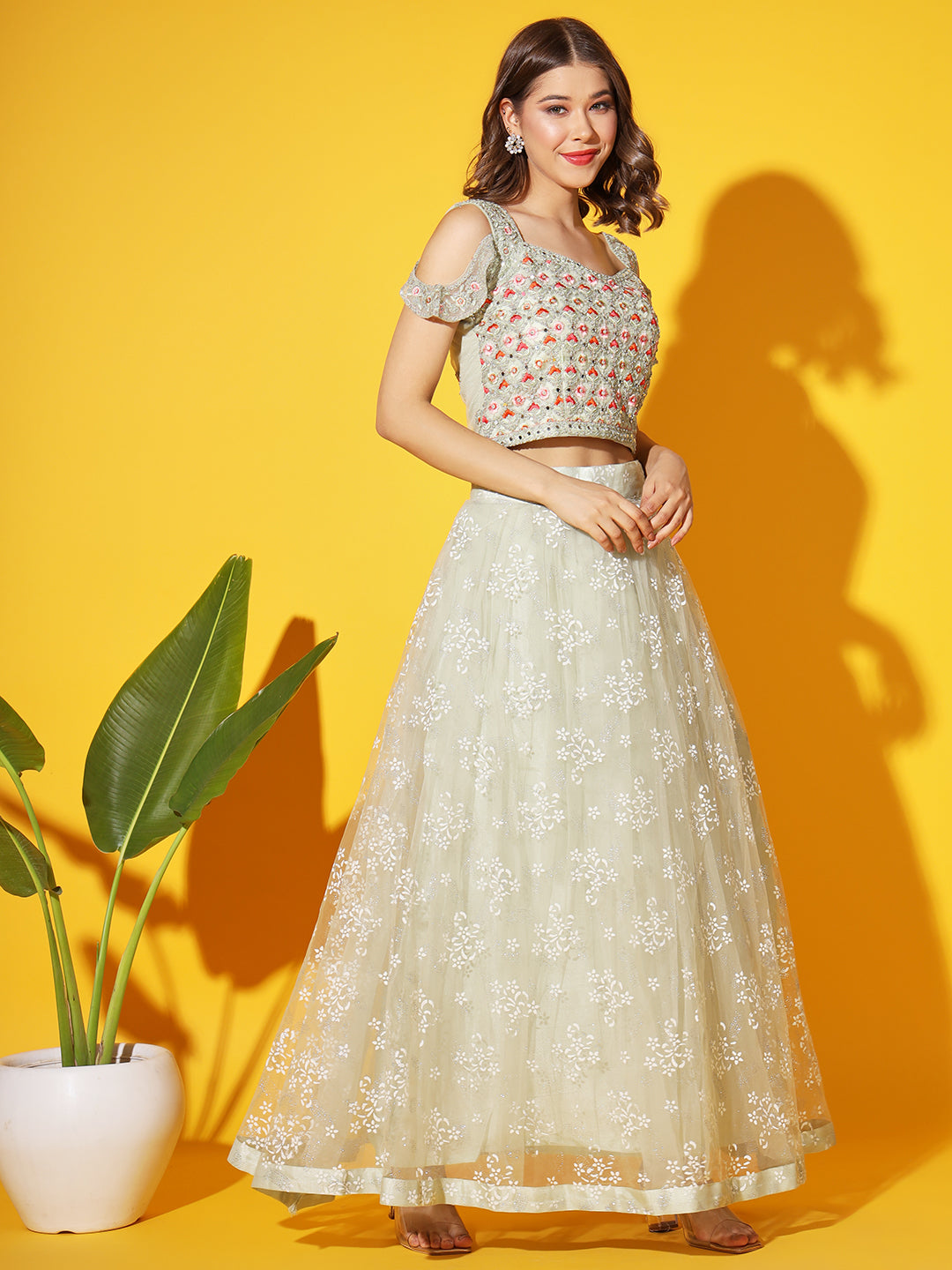 Resham Mirror Embroidered Cold-shoulder blouse with Net Dupatta