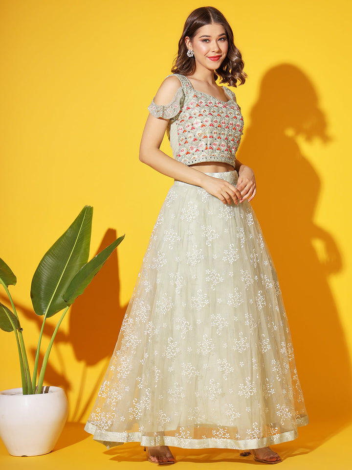 Resham Mirror Embroidered Cold-shoulder blouse with Net Dupatta