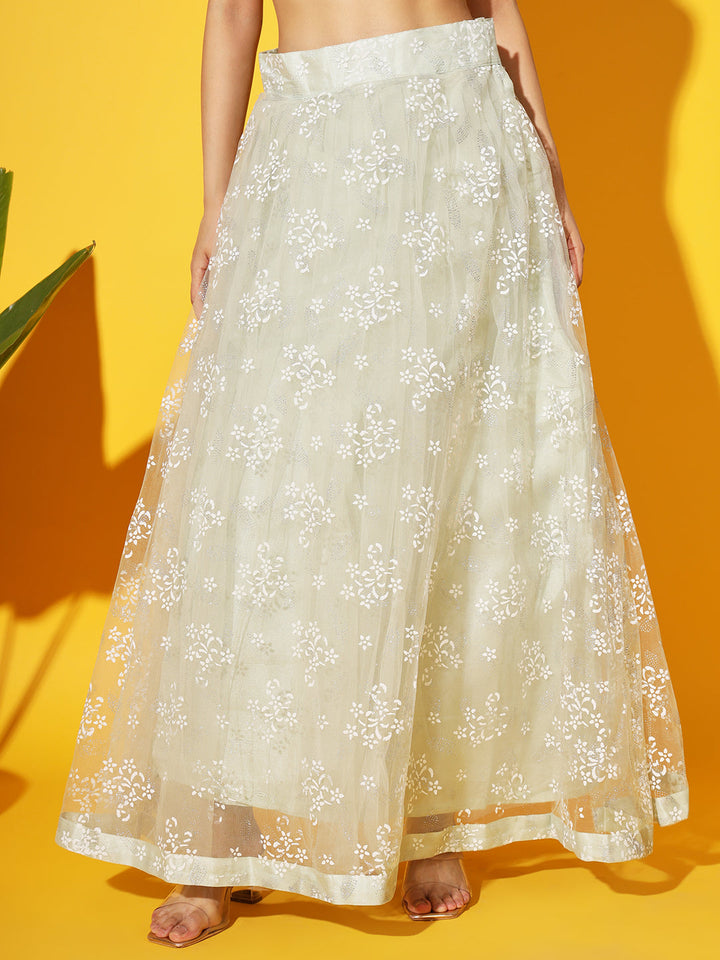 Resham Mirror Embroidered Cold-shoulder blouse with Net Dupatta