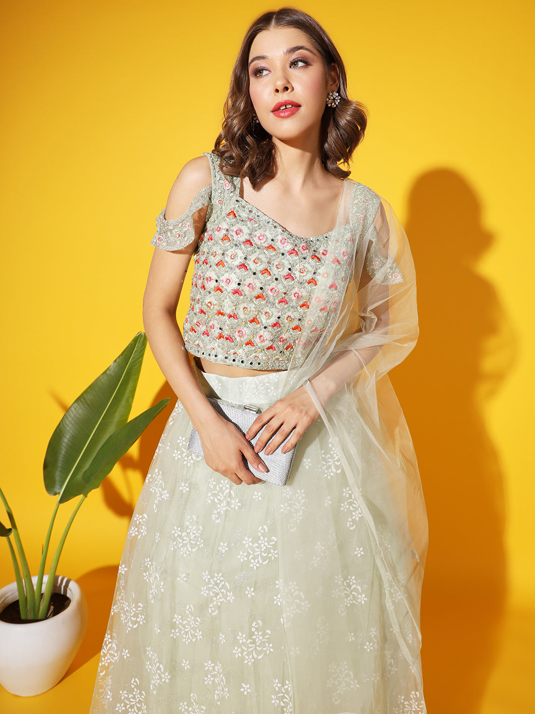 Resham Mirror Embroidered Cold-shoulder blouse with Net Dupatta