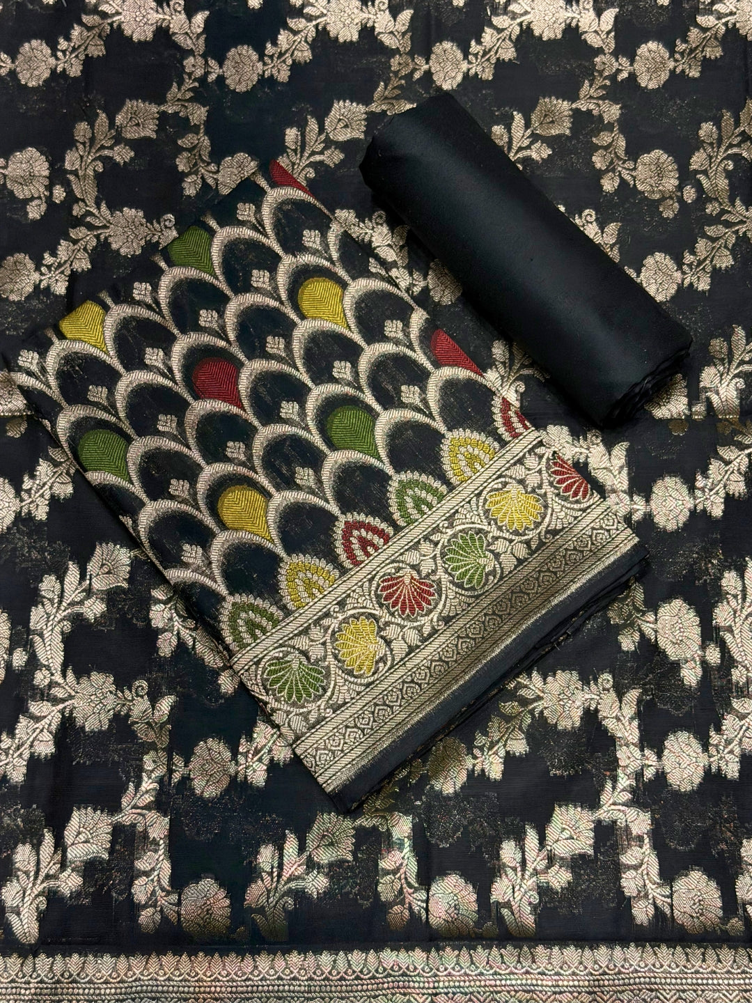 Zari Meenakari Weaving Banarasi Silk Dress Material With Floral Pattern Jhalar Dupatta