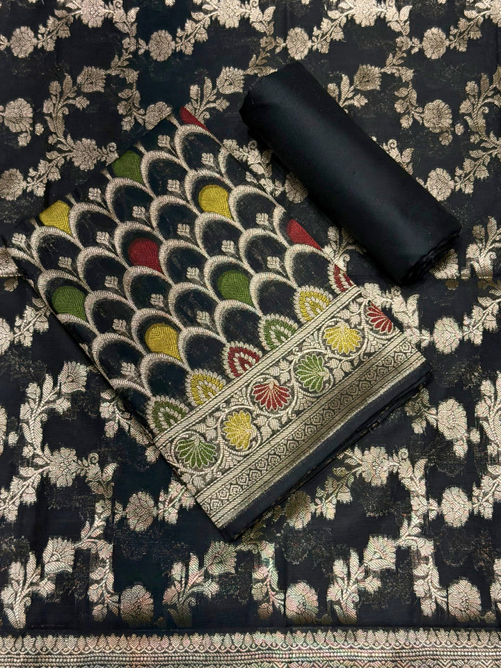 Zari Meenakari Weaving Banarasi Silk Dress Material With Floral Pattern Jhalar Dupatta