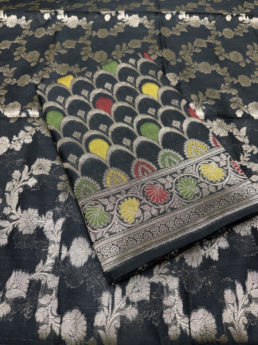 Zari Meenakari Weaving Banarasi Silk Dress Material With Floral Pattern Jhalar Dupatta