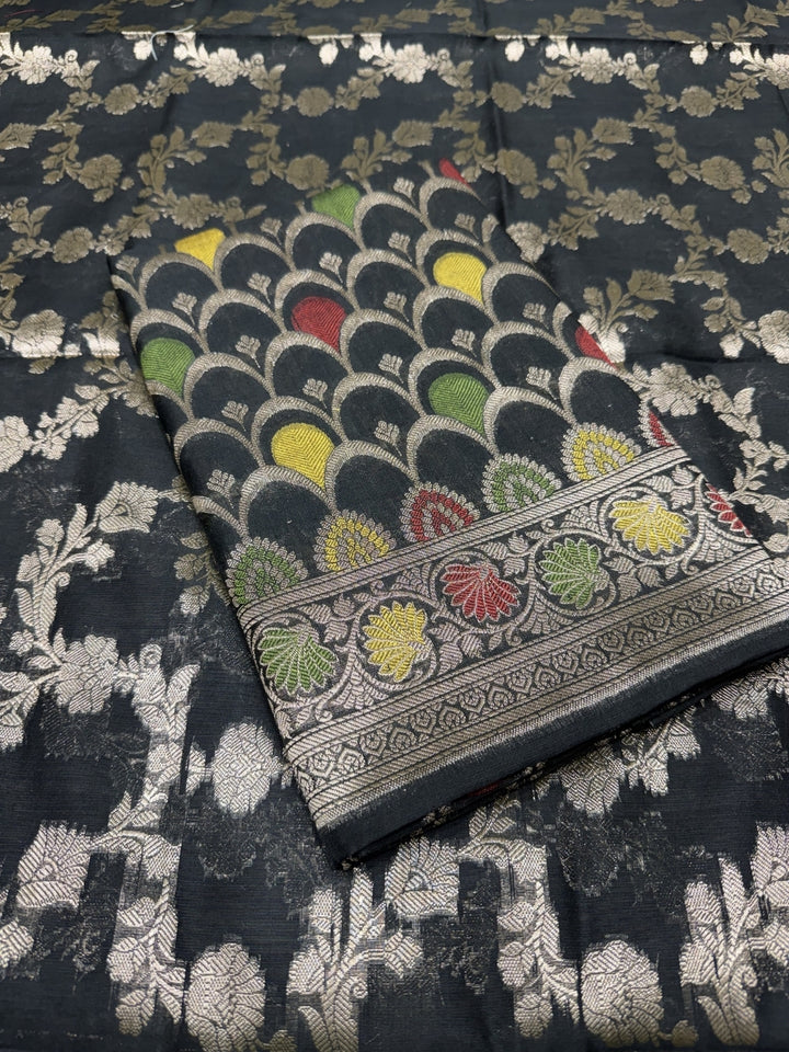 Zari Meenakari Weaving Banarasi Silk Dress Material With Floral Pattern Jhalar Dupatta