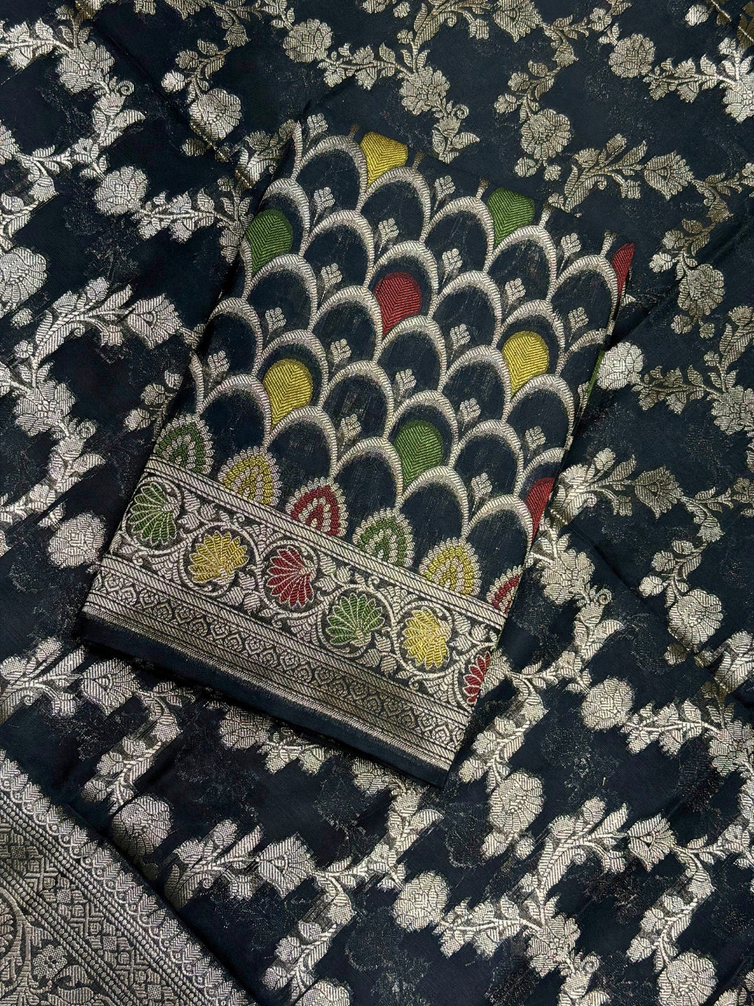 Zari Meenakari Weaving Banarasi Silk Dress Material With Floral Pattern Jhalar Dupatta