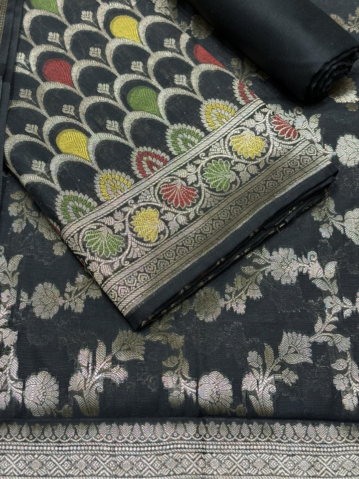 Zari Meenakari Weaving Banarasi Silk Dress Material With Floral Pattern Jhalar Dupatta