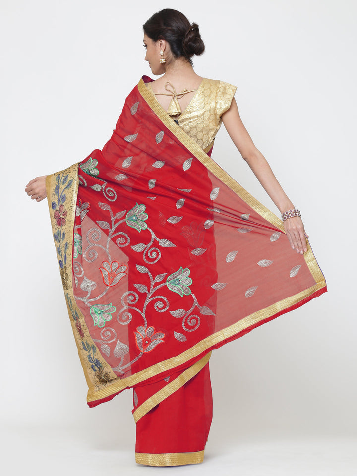 Chanderi Red Silk saree with Resham and zari embroidery to make beautiful tulip motifs
