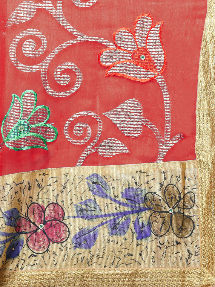 Chanderi Red Silk saree with Resham and zari embroidery to make beautiful tulip motifs