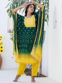 Chhabra 555 Green Yellow Kaftan Set with Pearl Embellished Tassles & Festive Bandhani Print