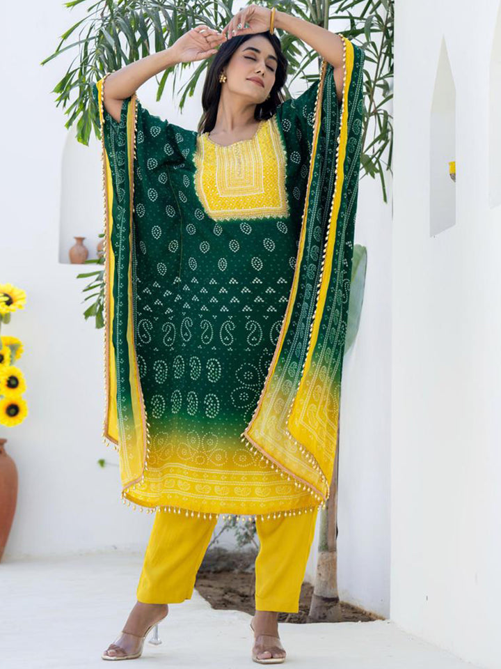 Chhabra 555 Green Yellow Kaftan Set with Pearl Embellished Tassles & Festive Bandhani Print