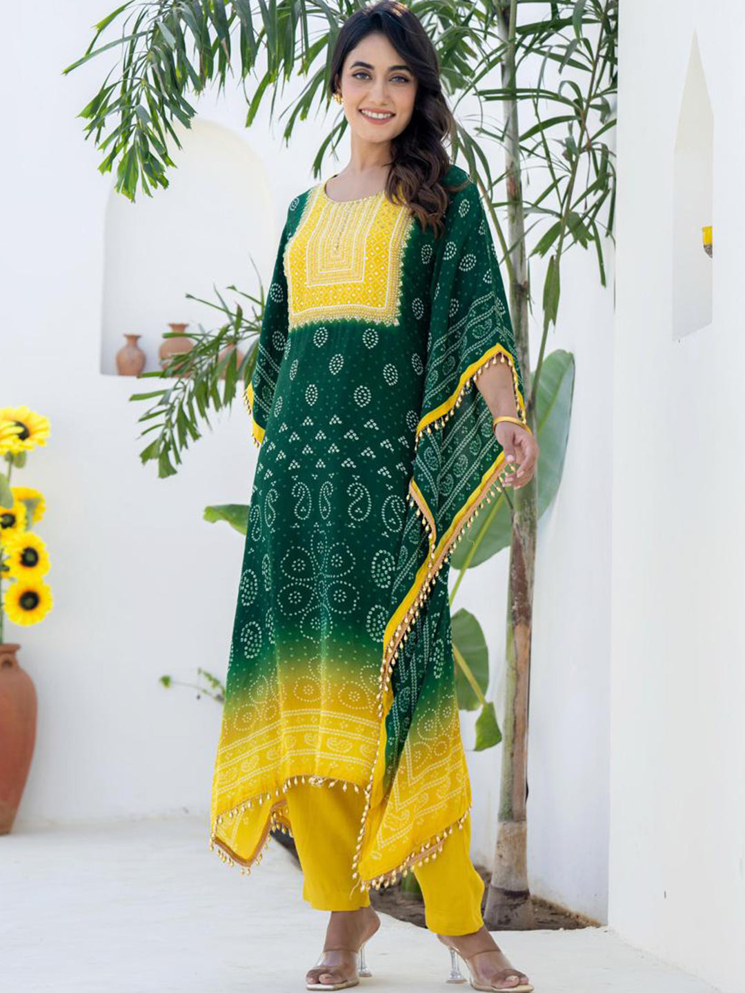 Green Yellow Kaftan Set with Pearl Embellished Tassles & Festive Bandhani Print